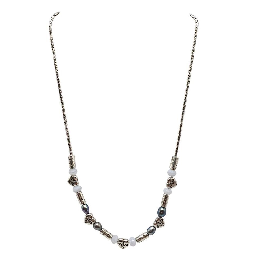 Brighton Heart Bar Pearl Blue Chalcedony Necklace 17"-18" Adjustable Chain